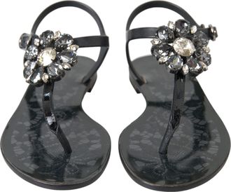 Dolce & Gabbana Black Crystal Flats Sandals Flip Flops Womens Shoes