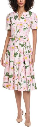 Oscar De La Renta Split Neck Painted Poppies Silk-Lined A-Line Dress