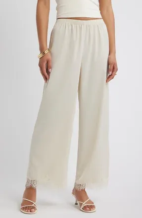 Open Edit Lace Trim Satin Pants in Ivory Dove at Nordstrom, Size Xx-Small