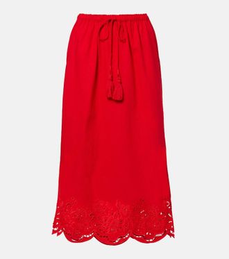 Farm Rio Broderie anglaise linen-blend midi skirt