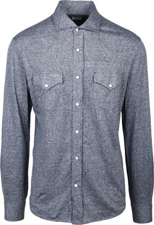 Brunello Cucinelli Camicia in maglia - Heren - Casual Overhemden - Blauw - M - Katoen - Overhemden