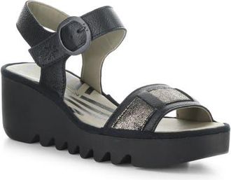 FLY London Beik Ankle Strap Platform Wedge Sandal in 001 Black/Graph at Nordstrom, Size 10-10.5Us