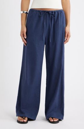 Open Edit Linen Blend Wide Leg Pants in Navy Indigo at Nordstrom, Size Xx-Small