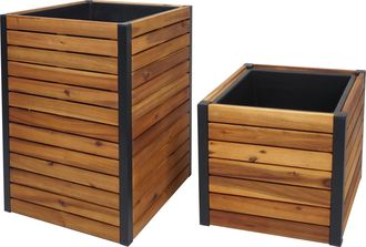 Hhg Juego De 2 Jardineras Hhg 582, Macetas Elevadas, Jardineras De Madera De Acacia Para Exterior, Certificadas Mvg, Aluminio Marr&oacute;n