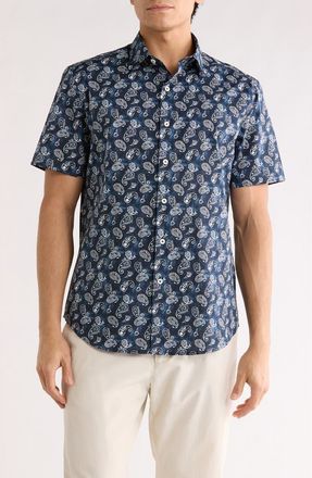 Bugatchi Orson Short Sleeve Stretch Cotton Button-Up Shirt in Navy at Nordstrom Rack, Size Xxx-Large