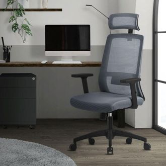 ML Design Silla De Oficina Ergon&oacute;mica Gris De Malla Asiento De Escritorio Ordernador Con Resposabrazos Acolchado, Reposacabezas Regulable, Soporte Lumbar, Funci
