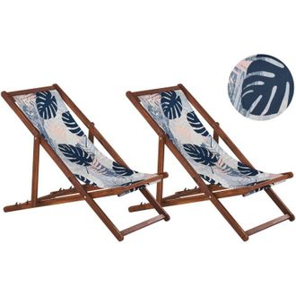 Beliani Beliani - Set of 2 Folding Deck Chairs Sun Loungers Dark Acacia / Palm Leaves Pattern Anzio