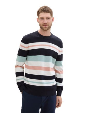 Tom Tailor Strickpullover TOM TAILOR, Herren, Gr. L, bunt (navy rose multi color stripe), Strick, Obermaterial: 100% Baumwolle, gestreift, mehrfarbig, regular fi