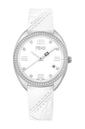 Fendi Womens Momento Fendi Diamond Bezel Leather Strap Watch, 34mm - 0.35 ctw in Stainless Steel at Nordstrom Rack