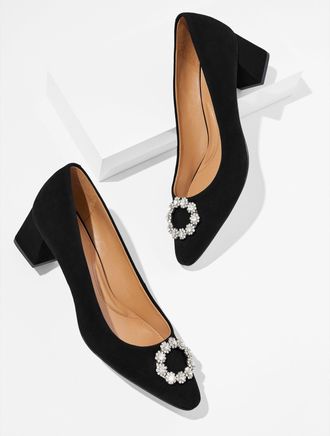 Talbots Kayla Embellished Suede Block Heel Pumps - Black - 10 1/2 M Talbots