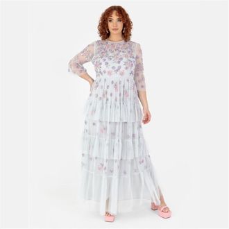 Maya Womens De R Crew Neck Three Quarter Sleeve Tiered Dress in Glacier Grey - Size 20 UK