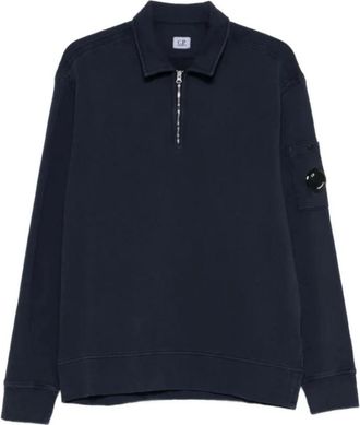 C.P. Company C.p. Company, Hoodies & sweatvesten, Heren, Blauw, S, Katoen, Polo Kraag in Malfil&eacute; Fleece