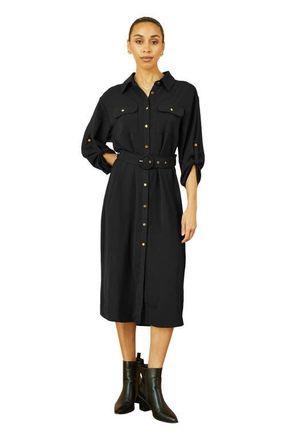 Yumi 3/4 Sleeve Belted Midi Shirt Dress in Black at Nordstrom, Size 10