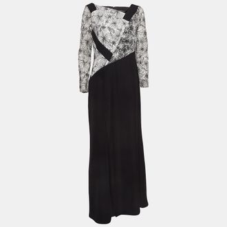 Tadashi Shoji Black/white Floral Embroidered Tulle And Crepe Maxi Dress