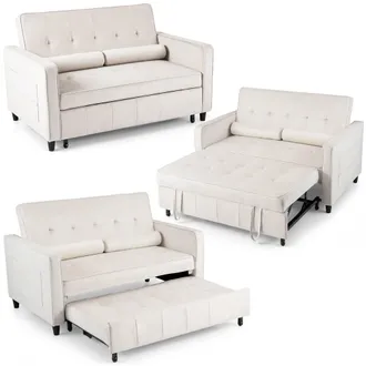 Costway Costway 3-in-1 Convertible Sleeper Sofa Bed Pull Out Velvet Couch Bed-Beige in Beige