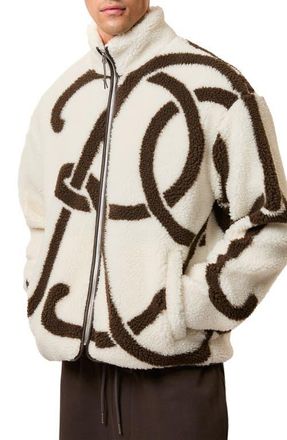 Reiss Kidd Logo Print High Pile Fleece Jacket in White/Brown at Nordstrom, Size Small