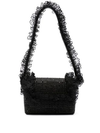 Self Portrait crystal-embellished lace-detail shoulder bag - women - Fabric/Calf Leather/Rhinestone - One Size - Black