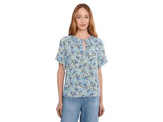 CeCe by Cynthia Steffe Shirred Short Sleeve Key Hole Top Womens Clothing New Ivory : LG, Viscose