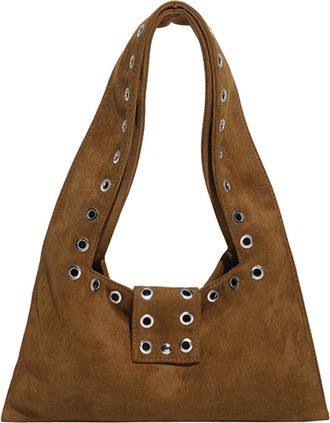 Generic Retro Faux Suede Rivet Handbag Large Slouchy Shoulder Bags for Women (Brown)