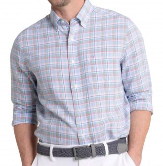 Southern Tide Emerald Shores Plaid Headland Long Sleeve Sport Shirt In Cerulean