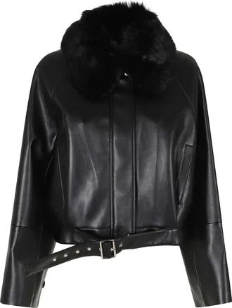 Isabelle Blanche Black Faux Leather Fur Collar Bomber Jacket