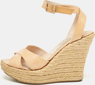 Jimmy Choo London Beige Patent Leather Espadrille Platform Wedge Sandals