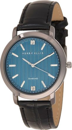Perry Ellis Gunmetal Stripe Dial Diamond Accent Leather Strap Watch, 41mm at Nordstrom Rack