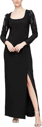 Alex Evenings Embellished Puff-Shoulder Long Sleeve Dress In Black