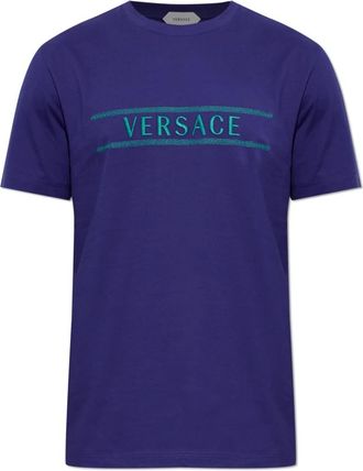 Versace Katoenen T-shirt met Geborduurd Logo - Heren - T-shirts - Blauw - M - Katoen - Tops