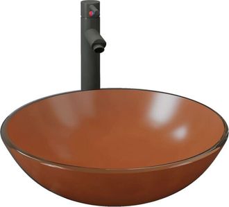 vidaXL Lavabo de baño grifo y desagüe de empuje vidrio templado marrón vidaXL