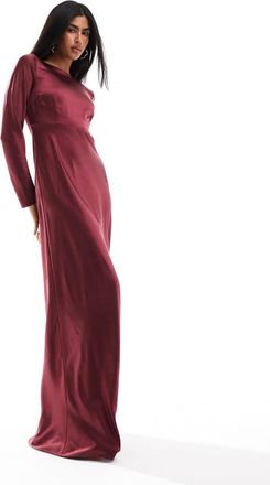 Six Stories Vestito lungo da damigella a maniche lunghe in raso bordeaux con scollo ad anello sul retro-Rosso