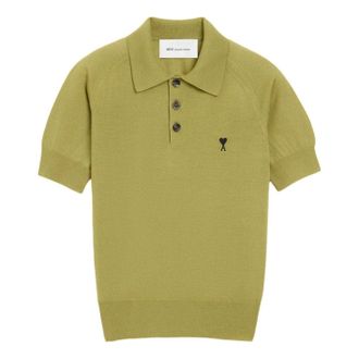 Ami (WMNS) AMI Army Wool Short Sleeve Army de Heart Polo Wagon Green FPL439-KN0039-A091