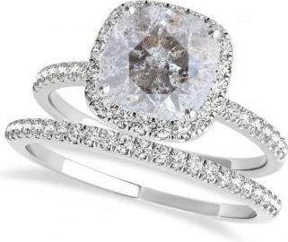 Allurez Cushion Salt & Pepper Diamond Halo Bridal Set French Pave Platinum 1.72ct
