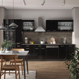 Vicco Mueble De Cocina R-line, Negro/antracita De Alto Brillo, 350 Cm Con Armario Alto, Et Antracita