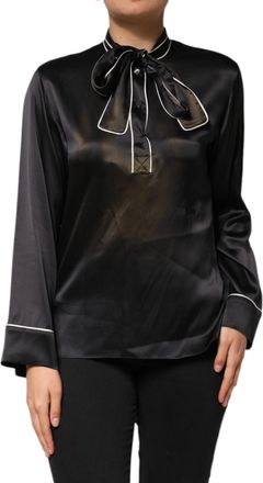 Dolce & Gabbana Black Silk Ascot Collared Button Blouse Womens Top (Pre-Owned)