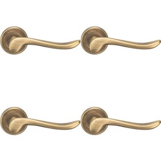 Loops 4x PAIR Scroll Shaped Lever Handle on Round Rose Concealed Fix Antique Brass in Metallics
