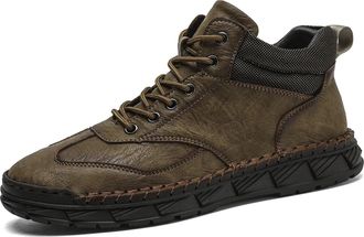 Generic Mens Leather Ankle Boots - Hand-Stitched Casual Vintage Lace-Up Flats with Arch Support and Non-Slip Waterproof Design(Khaki,11-11.5)