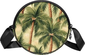 Generic Circle Crossbody Bag for Women, Tropical Plants Small Sling Bag Daypack with Zipper Adjustable Shoulder Straps Casual Ladies Girls Round Purse