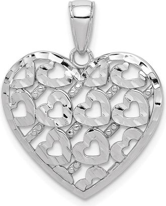 Diamond2Deal 14K White Gold Diamond-cut Heart Pattern On Heart Charm Pendant