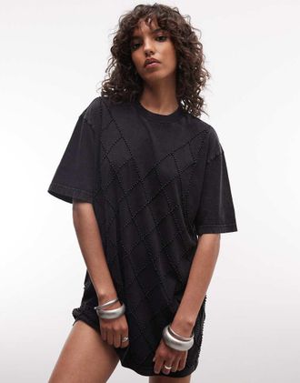 AllSaints Darcy - Vestito T-shirt corto a maniche corte nero slavato con strass