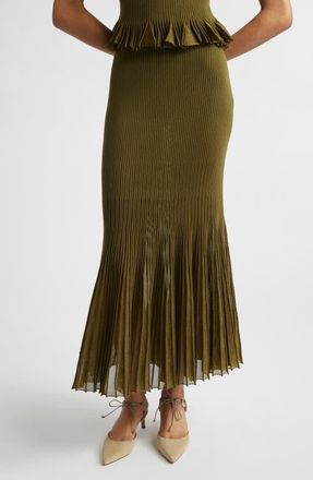 Ulla Johnson Vera Metallic Pleated Midi Skirt in Olive at Nordstrom, Size X-Large