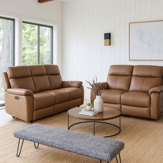 Aspire Home Accents Kingsmere 3 + 2 Power Recliner Sofa Set in Real Leather in Tan
