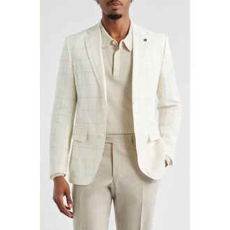 BOSS Hutson Slim Fit Windowpane Check Linen Blend Sport Coat in Open White at Nordstrom Rack, Size 48 Regular