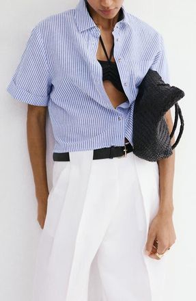 Mango Stripe Short Sleeve Cotton & Linen Button-Up Shirt in Sky Blue at Nordstrom, Size 10