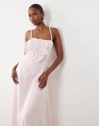 Forever New Vestito midi rosa tenue con spalline sottili a bolle e fiore oversize