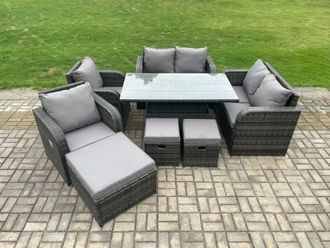 Fimous PE Rattan Garden Furniture Set Height Adjustable Rising lifting Dining Table With Love Sofa Chair 3 Footstools in Dark Grey