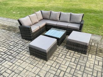 Fimous Rattan Garden Furniture Set Outdoor Lounge Corner Sofa Set With Square Coffee Table 2 Big Footstool 8 Seater in Dark Grey