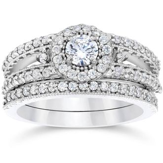 Pompeii3 1 Carat Vintage Halo Diamond Engagement Wedding Ring Set 14K White Gold Size Selectable