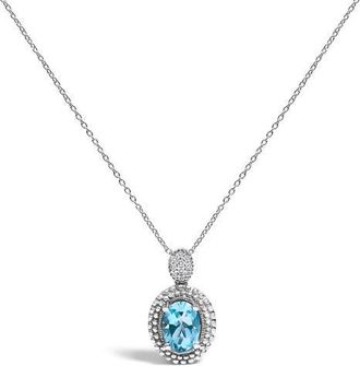 House of Brilliance Silver Oval Blue Topaz and Diamond Accent with Beaded Halo Pendant Necklace in White at Nordstrom