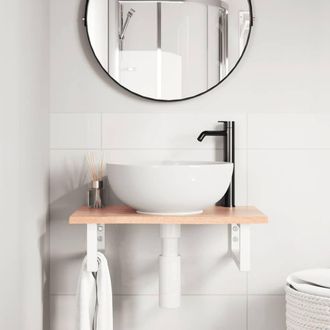 Berkfield Home Elegant Basin Shelf Wall Mounted Steel & Solid Wood Oak in Brown